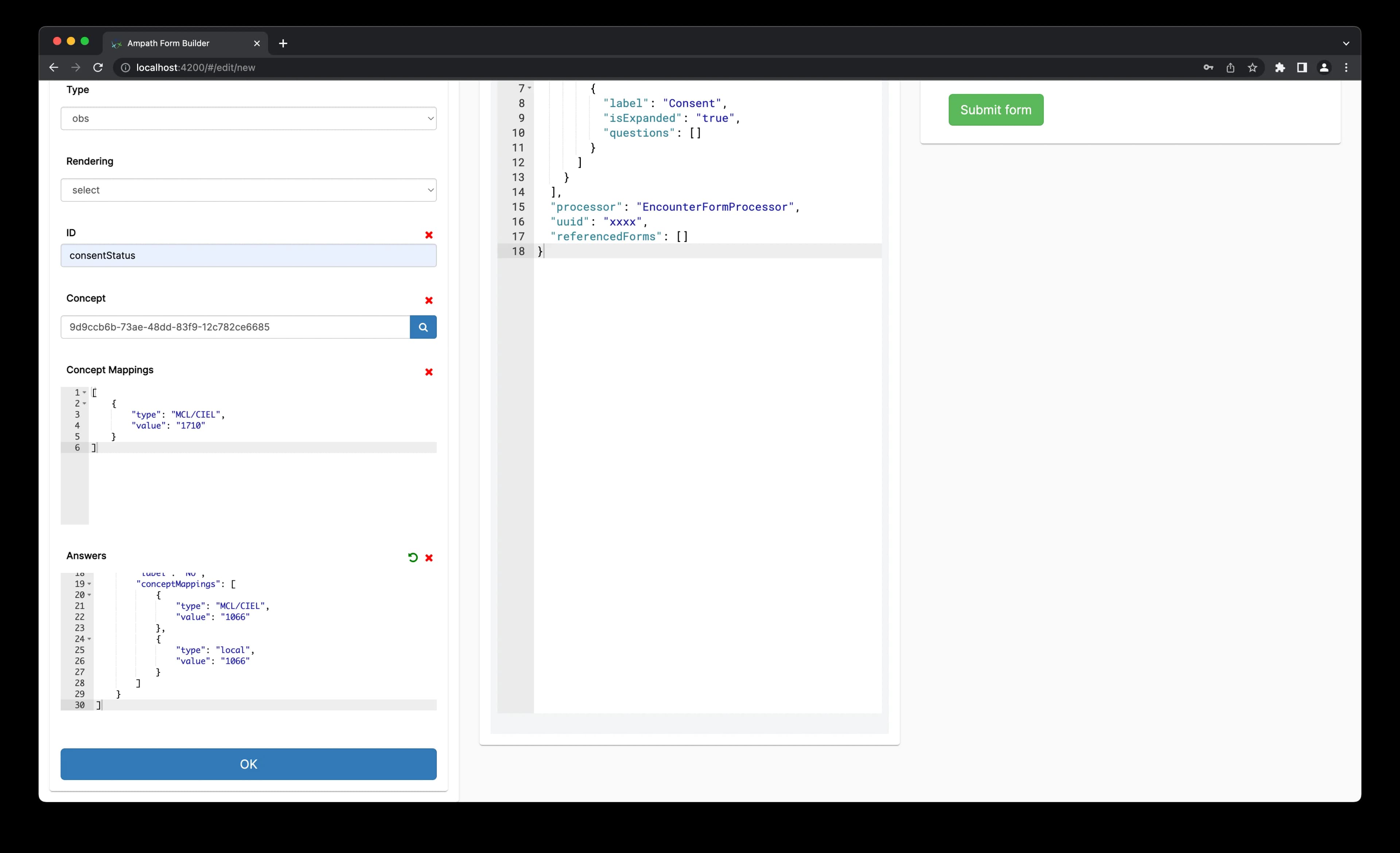 Question editor showing selected concept mappings and answers